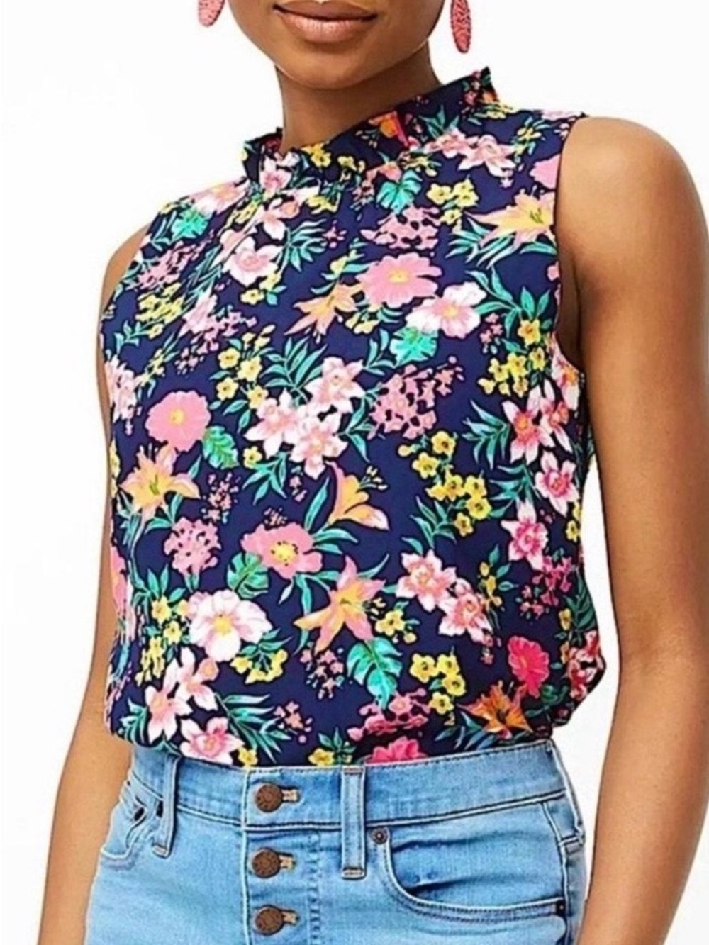 J Crew NWT Floral Mock Neck‎ Sleeveless Top Women’s XL Garden Party Flower